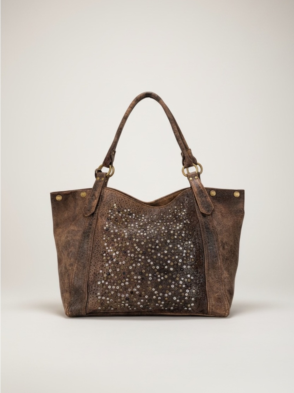 Frye Deborah Studded Distressed Brown Leather Tote Bag